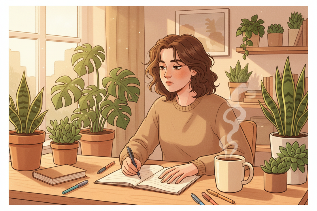 Person sitting at a warm cosy desk, frozen, unable to start — illustrating ADHD task paralysis